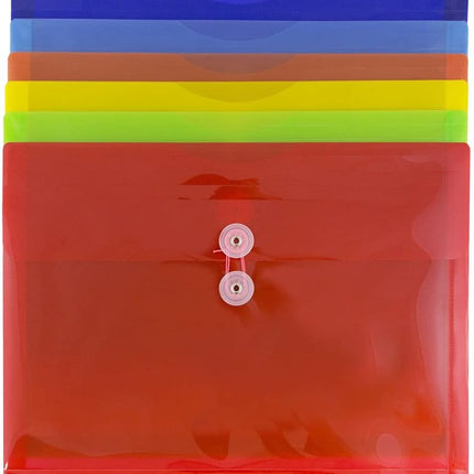 Plastic Filing Envelopes with Button & String Tie Closure, Letter Booklet, 9 3/4 x 13, Assorted Primary Colors, 6 Pack