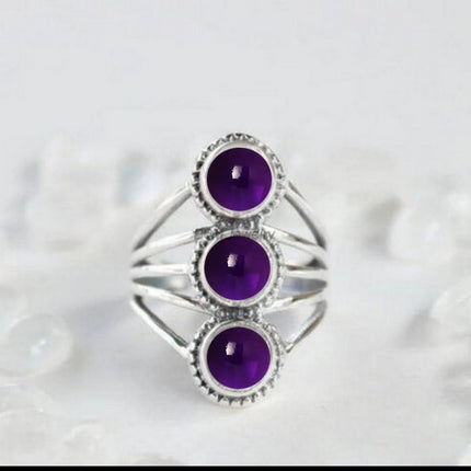 925 Sterling Silver 3 Stone Ring, US Size 12, Amethyst