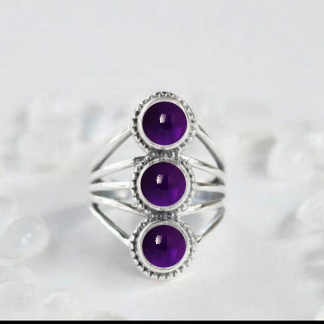 925 Sterling Silver 3 Stone Ring, US Size 12, Amethyst