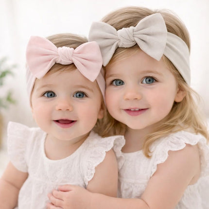 Baby Girl Cotton Bow Headbands, 2-Pack, Powder Pink and Light Beige