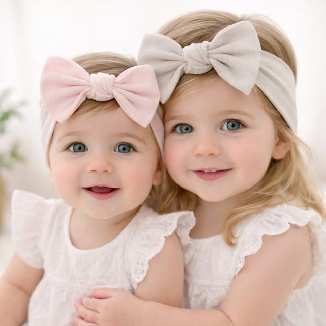 Baby Girl Cotton Bow Headbands, 2-Pack, Powder Pink and Light Beige