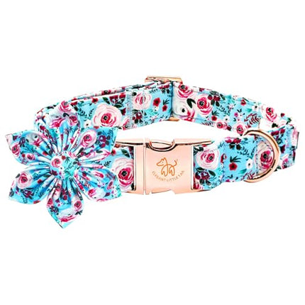 Pink Rose Print Adjustable Dog Collar with Flower for Small Dogs
