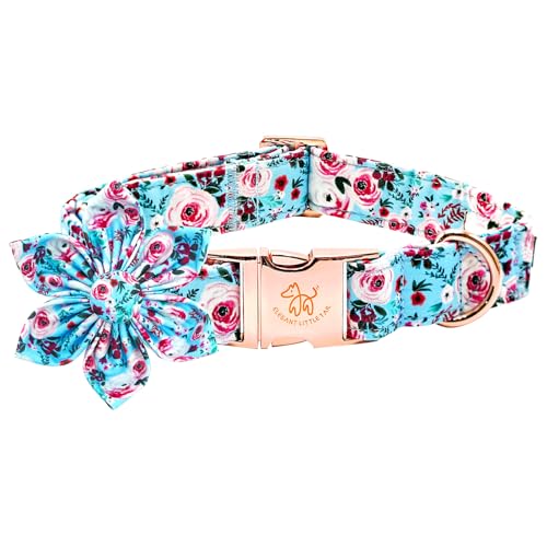 Pink Rose Print Adjustable Dog Collar with Flower for Small Dogs