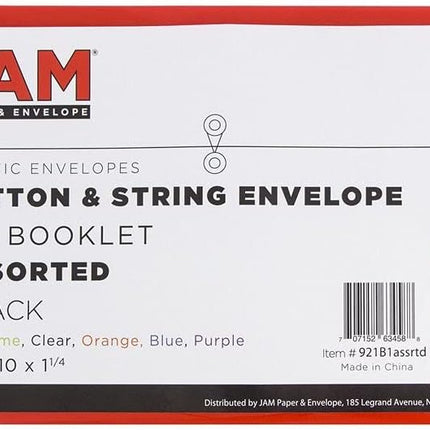 Plastic Filing Envelopes with Button & String Tie Closure - #10 Business Booklet - 5 1/4 x 10 - Assorted Colors - 6/pack