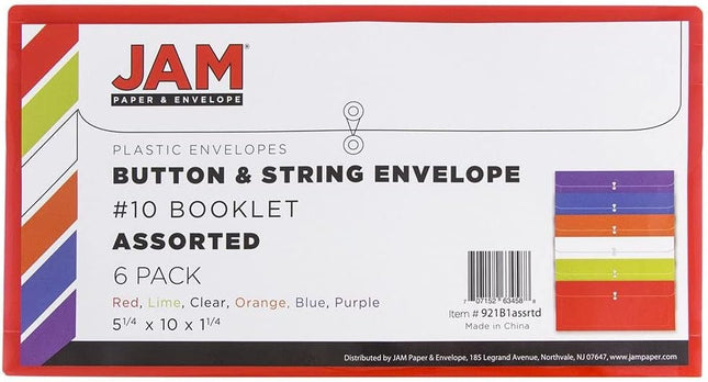 Plastic Filing Envelopes with Button & String Tie Closure - #10 Business Booklet - 5 1/4 x 10 - Assorted Colors - 6/pack