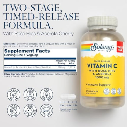 SOLARAY Vitamin C 1000mg Time Release Capsules with Rose Hips & Acerola – 100 Count