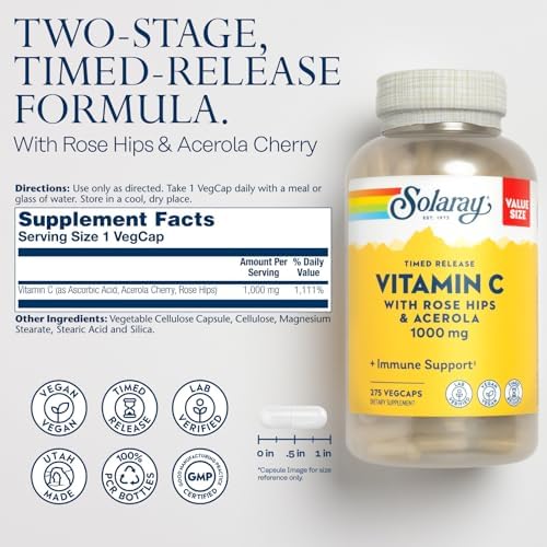 SOLARAY Vitamin C 1000mg Time Release Capsules with Rose Hips & Acerola – 100 Count