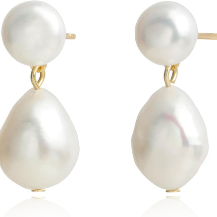 Freshwater Cultured White Baroque Pearl Dangling Drop Earrings for Women, 14K Gold Plated