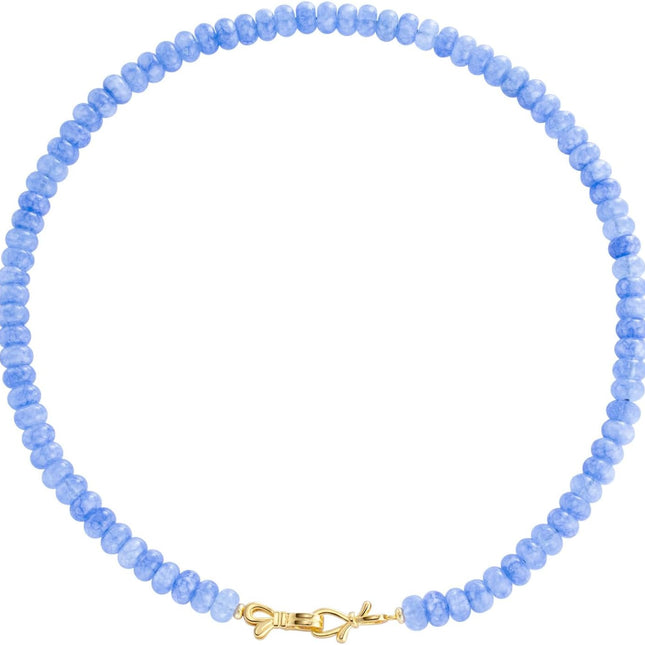 Aquamarine Beaded Choker Necklace with 14K Gold Bow