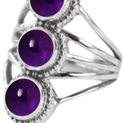 925 Sterling Silver 3 Stone Ring, US Size 12, Amethyst