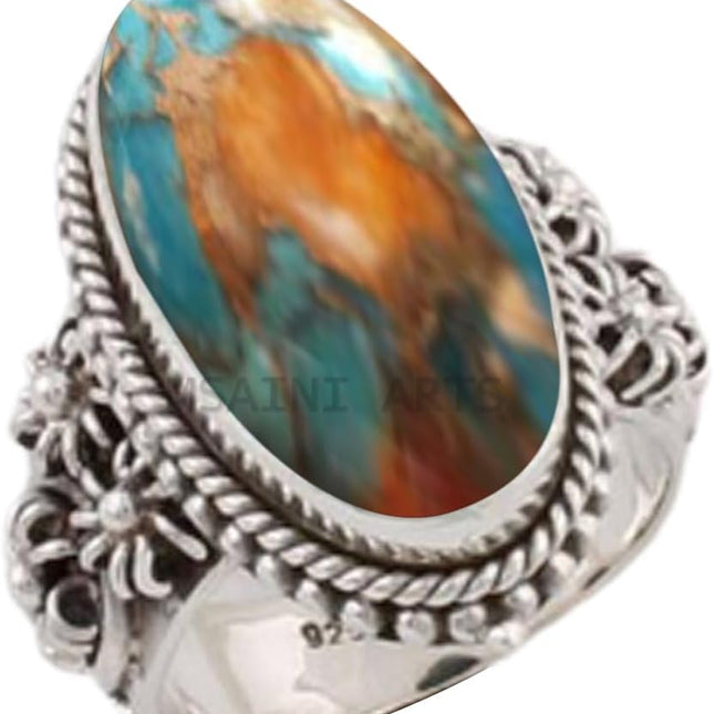 925 Sterling Silver Band Ring with Blue Copper Turquoise