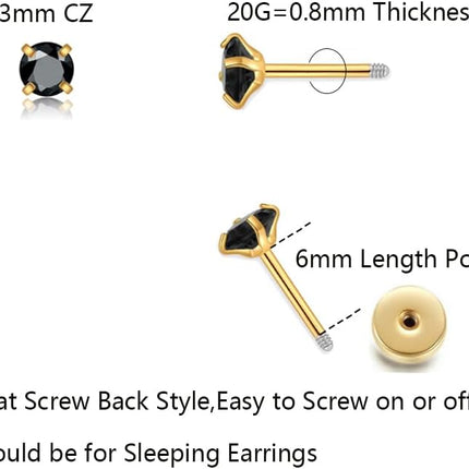3 Pairs CZ Flat Screw Back Stud Earrings