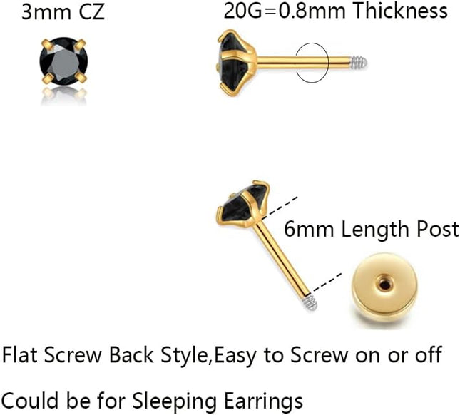 3 Pairs CZ Flat Screw Back Stud Earrings