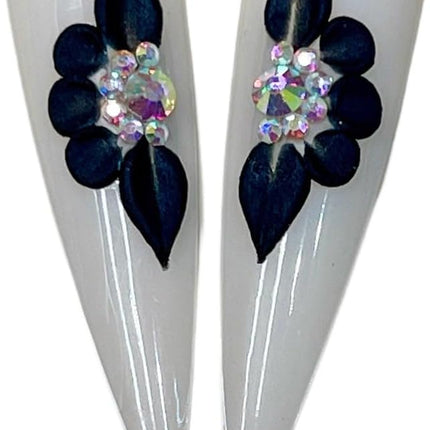 Black 3D Flower Nail Charms with Rhinestones, 8-Piece Set