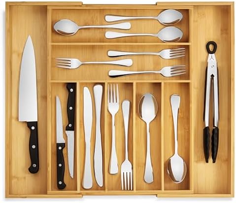 Purawood Bamboo Drawer Organizer – Expandable Silverware & Utensil Organizer Tray