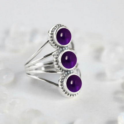 925 Sterling Silver 3 Stone Ring, US Size 12, Amethyst