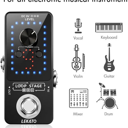 Black Guitar Looper Pedal with Tuner, 9 Loops and 40 Minutes