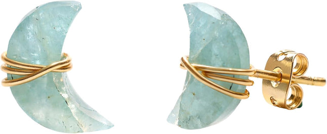 Aquamarine Half Moon Stud Earrings in Gold Plated Brass