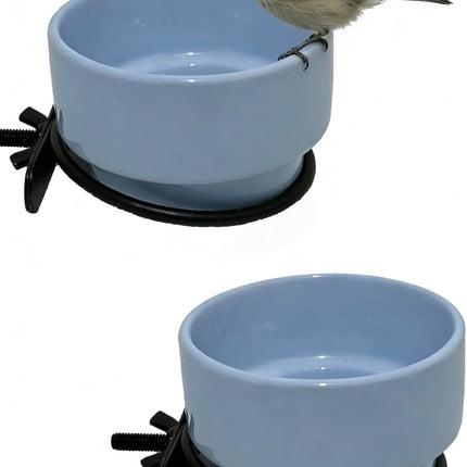2-Piece Blue Ceramic Bird Food Bowl Set