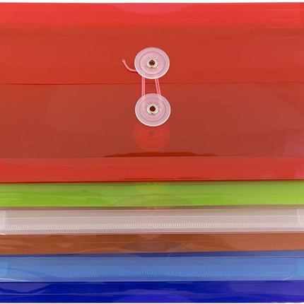 Plastic Filing Envelopes with Button & String Tie Closure - #10 Business Booklet - 5 1/4 x 10 - Assorted Colors - 6/pack