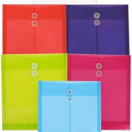 Plastic Filing Envelopes with Button & String Tie Closure, Letter Open End, Assorted Colors, 6 Pack
