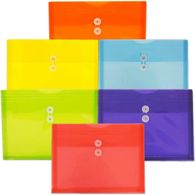 Plastic Filing Envelopes with Button & String Tie Closure, Letter Booklet, 9 3/4 x 13, Assorted Primary Colors, 6 Pack