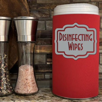 Modern Red Disinfecting Wipes Cover with Silver Label