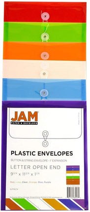 Plastic Filing Envelopes with Button & String Tie Closure, Letter Open End, Assorted Colors, 6 Pack