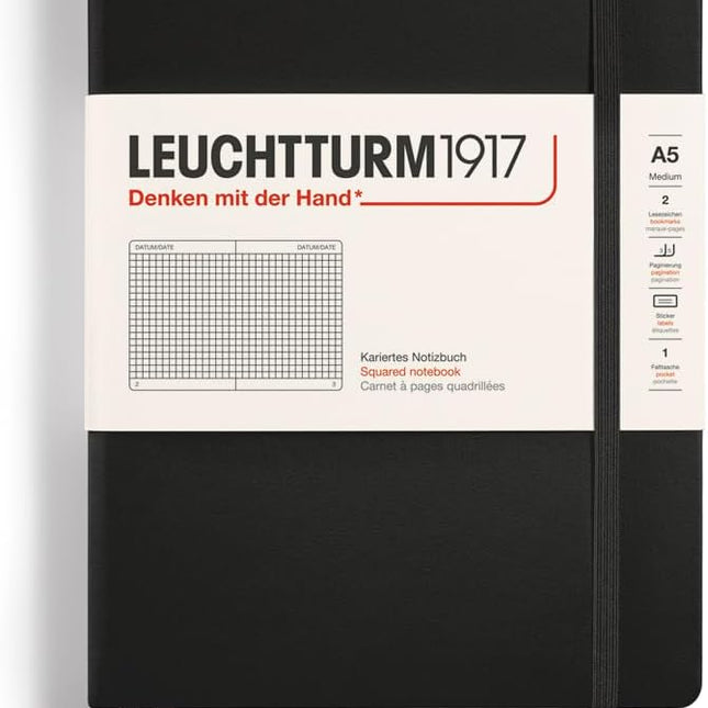 Hardcover Medium A5 Notebook with 251 Numbered Squared Pages, Black