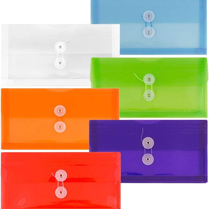 Plastic Filing Envelopes with Button & String Tie Closure - #10 Business Booklet - 5 1/4 x 10 - Assorted Colors - 6/pack