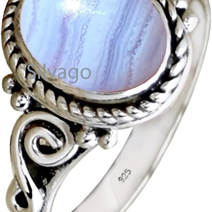 925 Sterling Silver Blue Lace Agate Statement Ring, Size 9