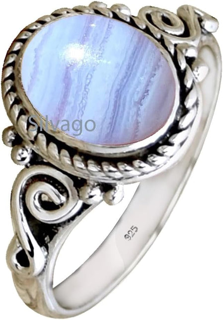 925 Sterling Silver Blue Lace Agate Statement Ring, Size 9