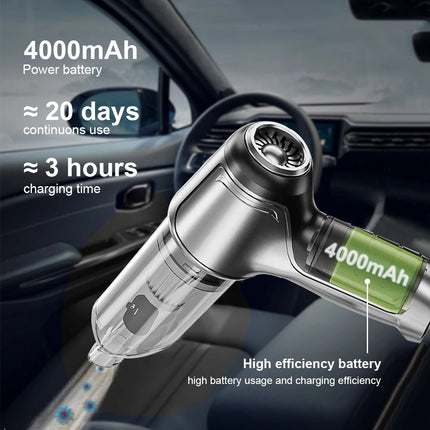 Handheld car vacuum cleaner blower showing suction and blow modes