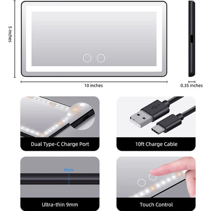 Portable car makeup mirror with USB charging and multiple light settings