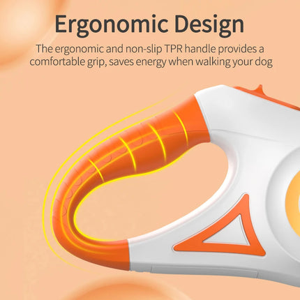 Close-up of retractable dog rope handle with anti-slip grip and LED light feature