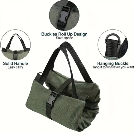 Heavy-Duty Roll-Up Tool Bag filled with hand tools and accessories