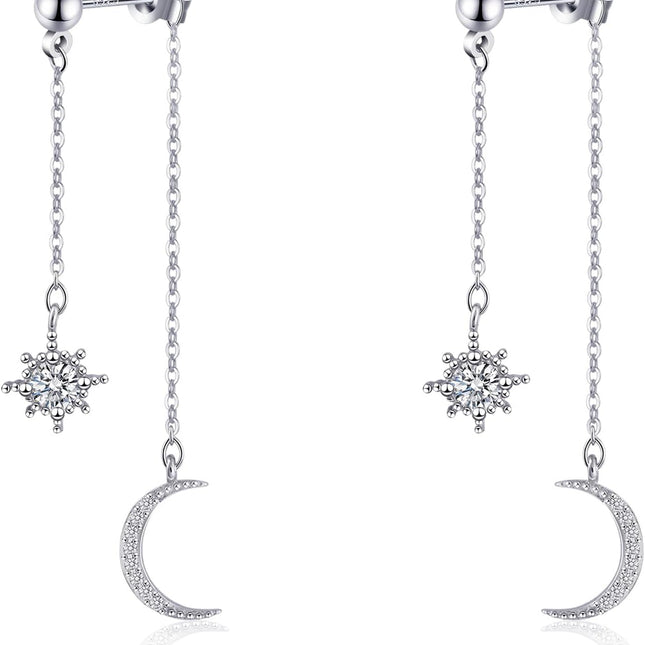 Moon and Star Sterling Silver Dangle Earrings with Chain Tassel