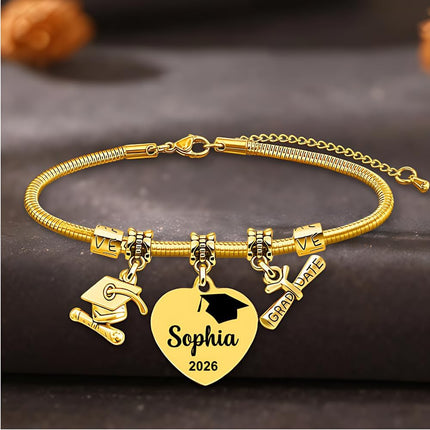 Personalized Graduation Bracelet Class of 2026 – Custom Name & Year Charm Bracelet for Women, Stainless Steel Graduation Jewelry Gift for Daughter, Sister, Best Friend, College High School Graduate