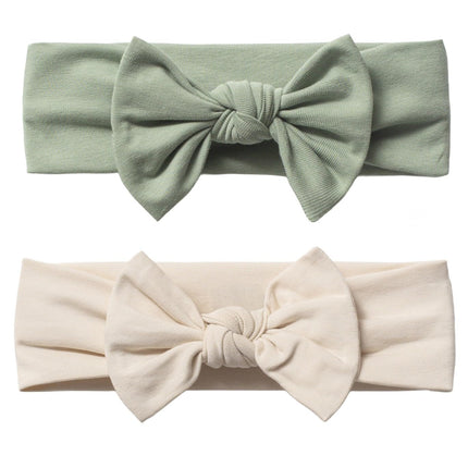 Baby Girl Cotton Bow Headbands, 2 Pack, Light Beige and Linden Green