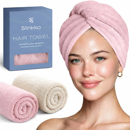 Microfiber Hair Towel Wrap for Women - Quick Dry Turban, Pink & Beige