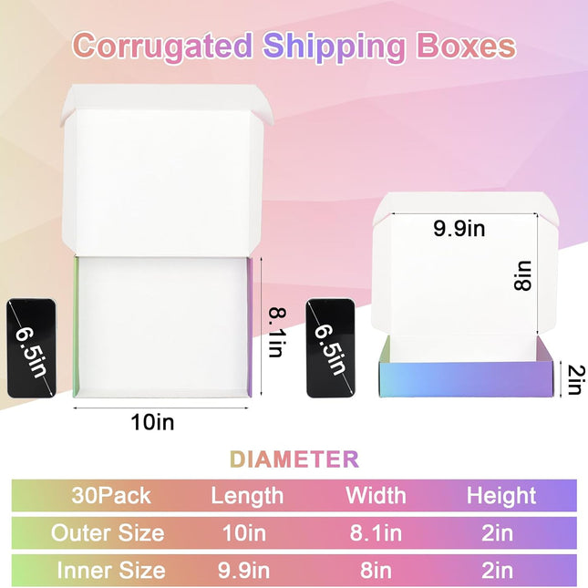 10x8x2 Colorful Corrugated Shipping Boxes, 30 Pack