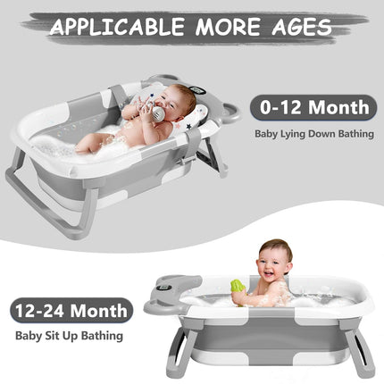 Collapsible Baby Bathtub for Newborns with Thermometer, Hooded Towel, Floating Cushion, and Drain Hole