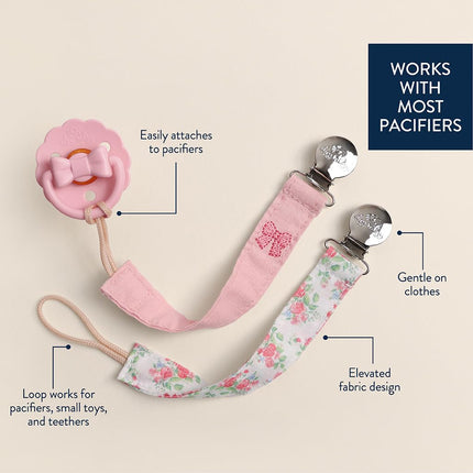 Fabric Pacifier Strap Set – Universal Clip, Pack of 2 in Bows & Floral