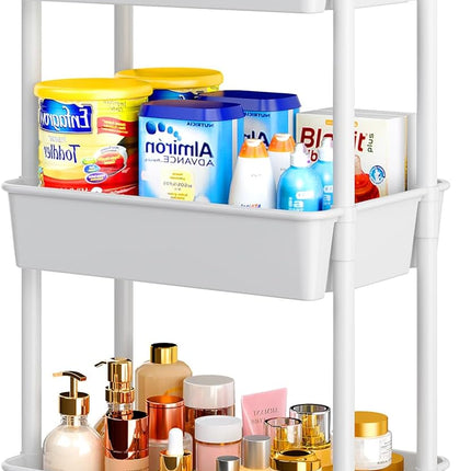 3-Tier White Plastic Rolling Utility Cart with Lockable Wheels
