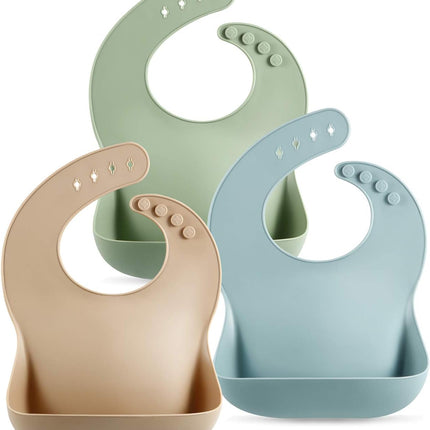 Set of 3 Waterproof Silicone Baby Bibs, Soft Unisex Feeding Bibs for 10-72 Months, Brown/Blue/Green