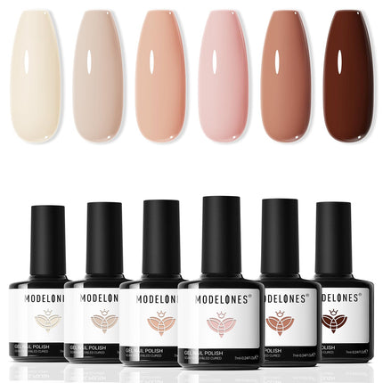 Nude Gel Nail Polish Set - 6 Neutral Milky White, Pink and Brown Colors