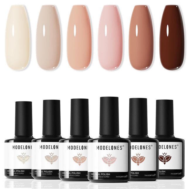 Nude Gel Nail Polish Set - 6 Neutral Milky White, Pink and Brown Colors