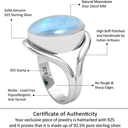 White Rainbow Moonstone Genuine 925 Silver Ring, Size 8