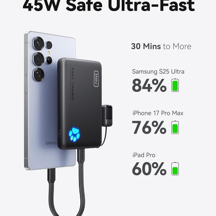 45W Fast Charging Portable Charger, 10000mAh Compact USB-C Power Bank with Detachable Cable