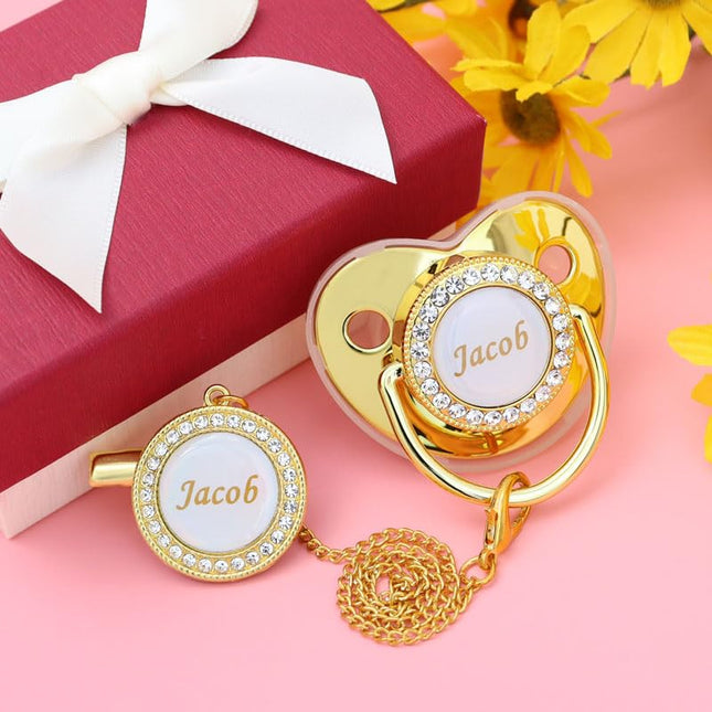 LittleNest NidoPequeño Pacifier with Name, Bling Gold Pacifier Clip Set Storage Box — Baby & Toddler